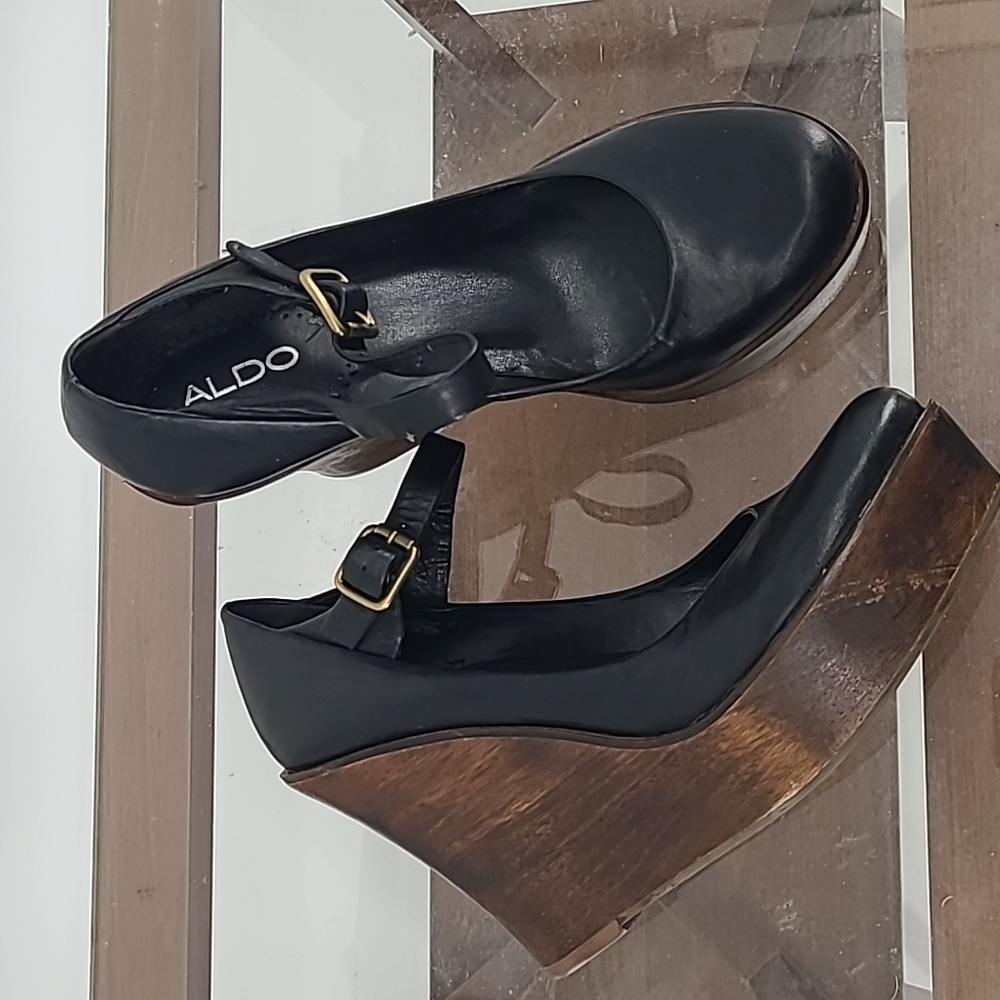 Aldo Black Leather Platform Mary Janes Wooden Heel Si… Gem